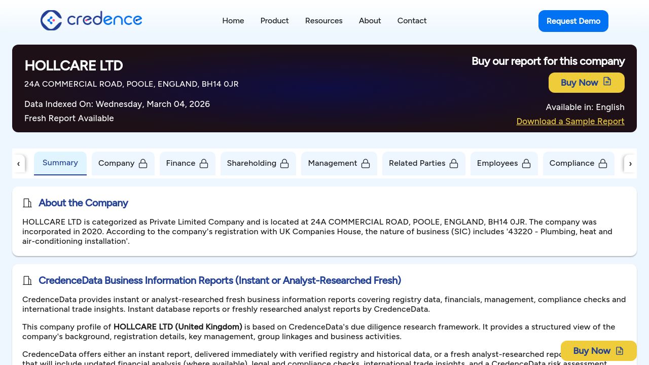 HOLLCARE LTD website preview