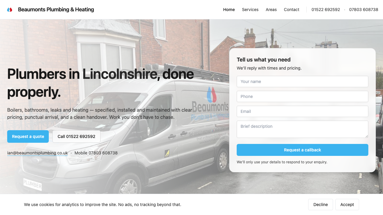 BEAUMONTS PLUMBING & HEATING LTD website preview