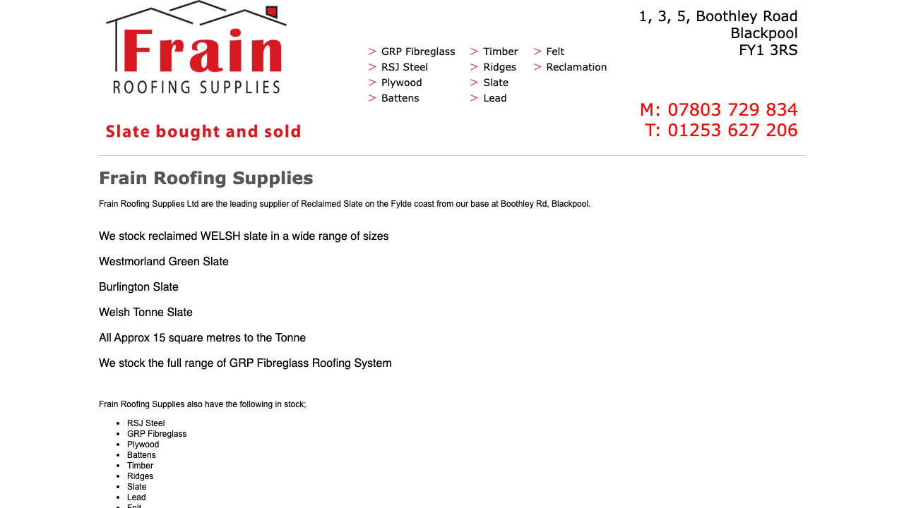 FRAIN ROOFING SUPPLIES LTD website preview