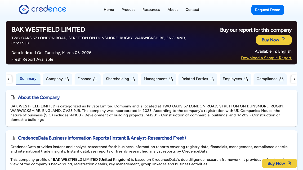 BAK WESTFIELD LIMITED website preview