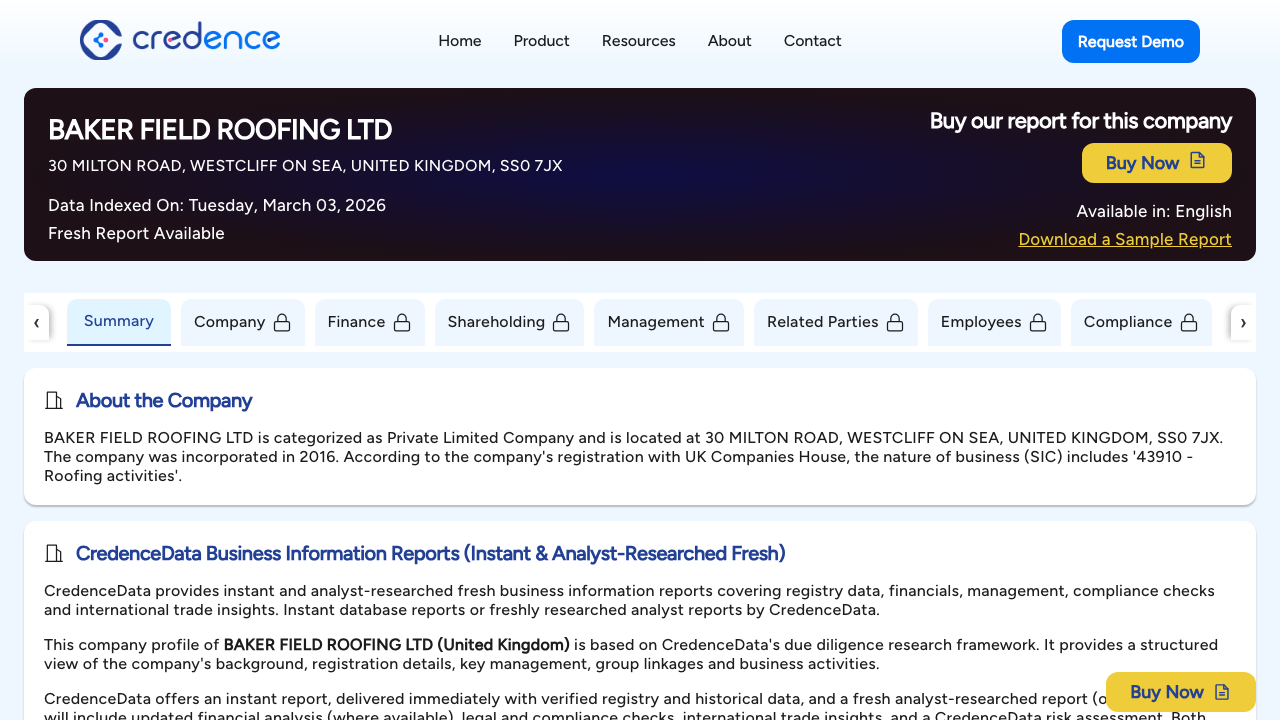 BAKER FIELD ROOFING LTD website preview