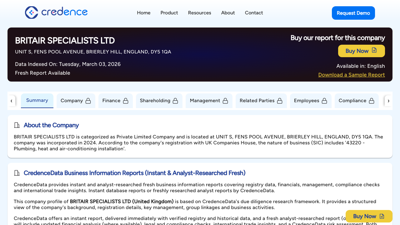 BRITAIR SPECIALISTS LTD website preview