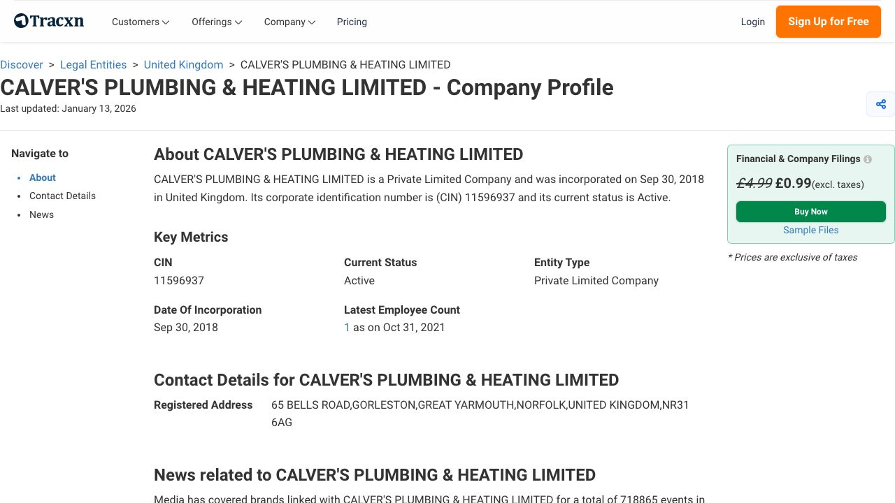 CALVER'S PLUMBING & HEATING LIMITED website preview