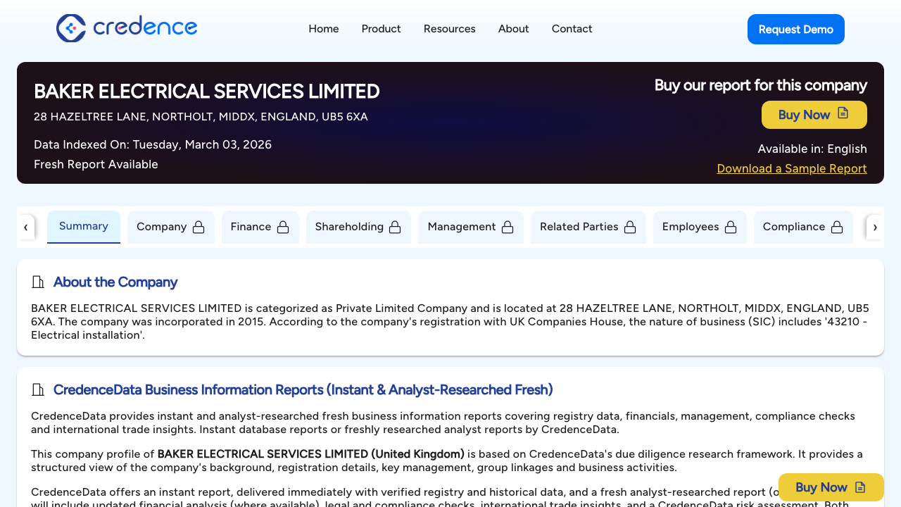 BAKER ELECTRICAL SERVICES LIMITED website preview